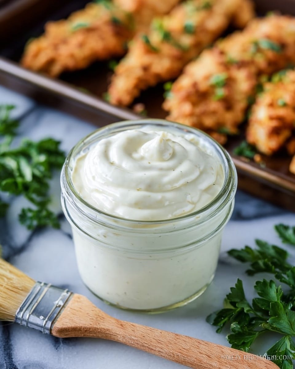 The image shows a small clear glass jar filled with smooth, creamy white sauce with soft swirls on the surface. The jar is placed on a white marble surface near a brown wooden-handled spatula with a dark blue silicone head. Behind the jar are golden-brown crispy breaded chicken strips resting on a dark metal tray. Fresh green parsley leaves are scattered on the white marbled surface nearby. The setting is bright and clean. photo taken with an iphone --ar 4:5 --v 7