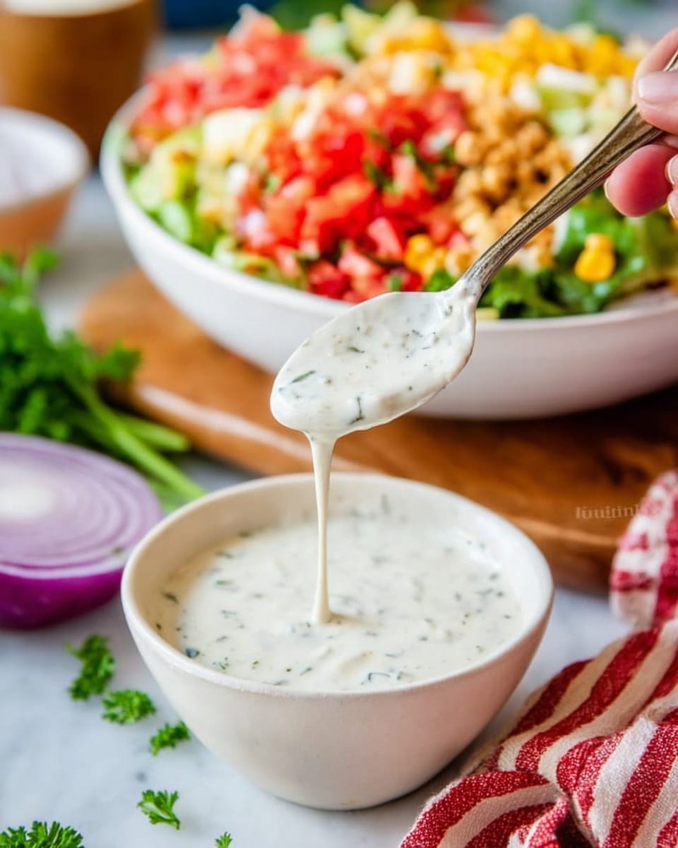 A close-up shot of a white bowl filled with creamy white ranch dressing with small green herbs visible throughout. A spoon is held by a woman's hand above the bowl, dripping the thick dressing back into it. In the background, there is a white bowl filled with a colorful salad made of chopped red tomatoes, shredded cheese, and green lettuce. To the side, fresh green herbs and a half red onion sit on a wooden cutting board set on a white marbled surface. photo taken with an iphone --ar 4:5 --v 7