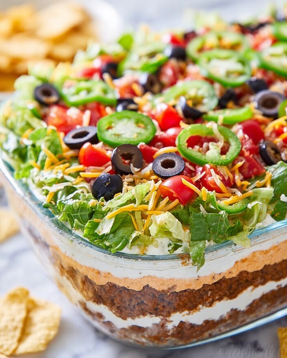 A clear glass dish shows a layered dip with four distinct layers. The bottom layer is smooth and light orange, likely a salsa or sauce, topped by a thick, creamy white layer. Above that is a layer of crumbled brown ground meat mixed with herbs. The top layer is fresh and colorful, made of bright green lettuce leaves, shredded orange cheese, sliced black olives, red tomato pieces, and green jalapeño slices. The dish sits on a white marbled texture, and a small part of a woman's hand is visible on the left side lightly touching the dish. Photo taken with an iphone --ar 4:5 --v 7
