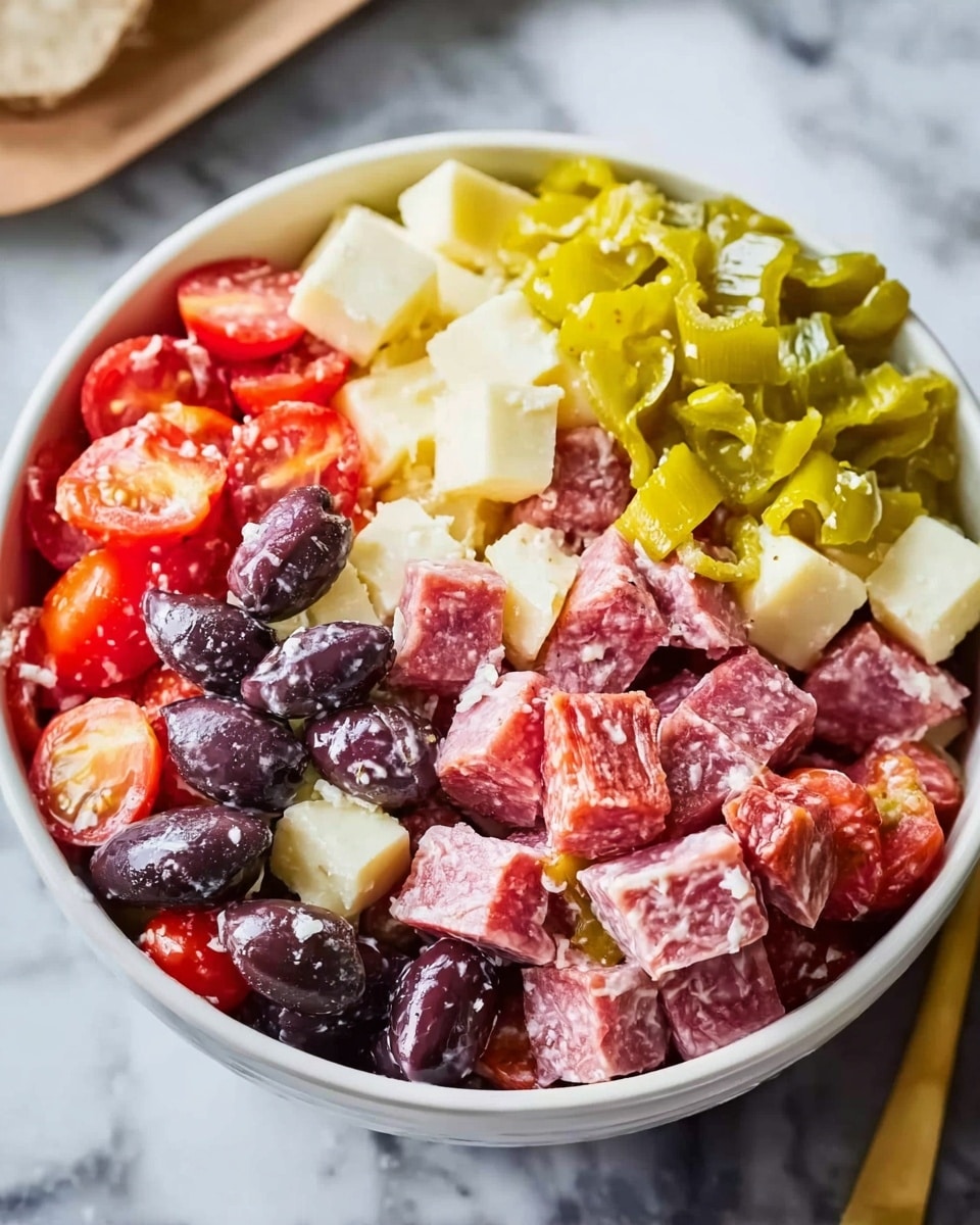 A close-up image of a salad in a white bowl on a white marbled surface, filled with several textured layers: cubed white cheese chunks scattered throughout, red cherry tomatoes and dark olives adding bright pops of color, slices of light yellow pepper rings, and small pieces of pinkish-brown sliced salami mixed evenly. The ingredients look fresh and coated lightly in a creamy dressing giving a shiny texture to the salad. Photo taken with an iphone --ar 4:5 --v 7